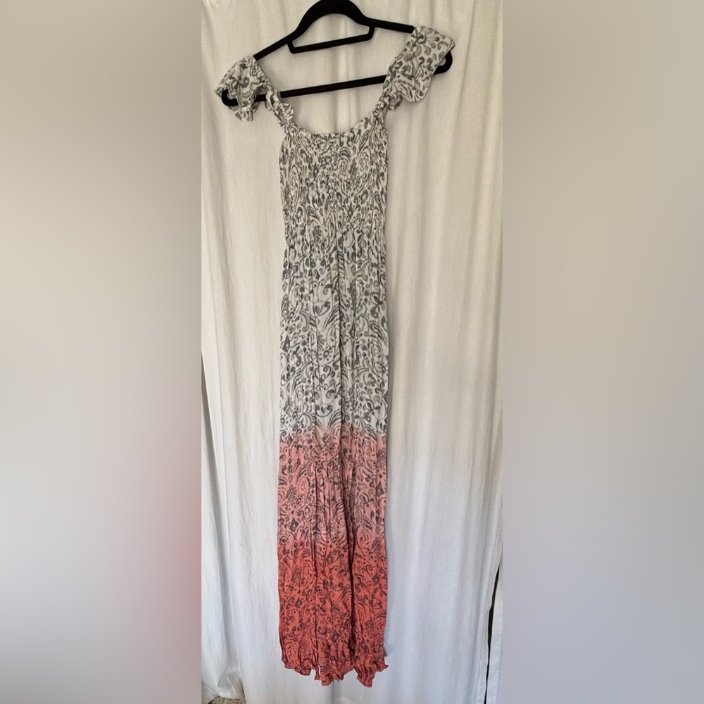 Strapless Maxi Dress with Pink and Gray Pattern